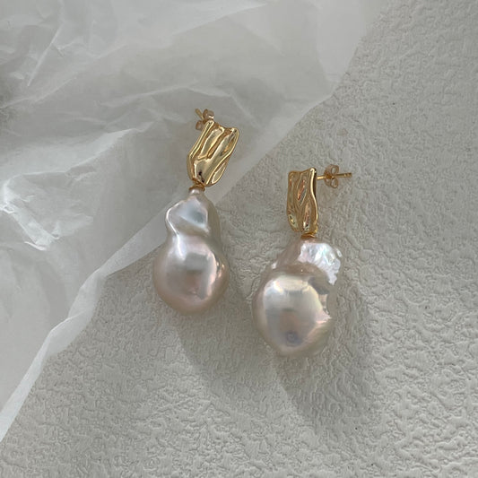 Natural Baroque Pearl Earrings Gold Plated Needle